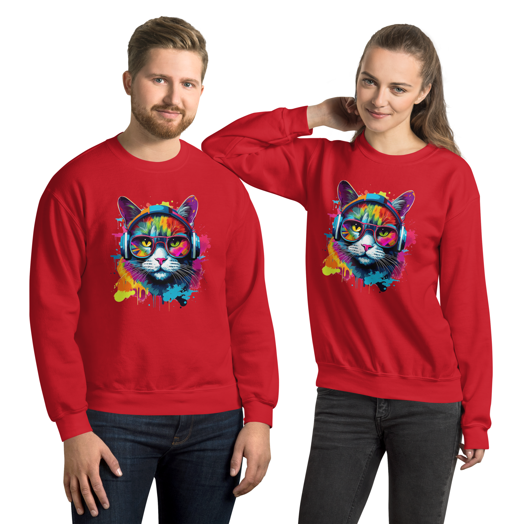 Vibrant DJ Cat Unisex Sweatshirt - Premium Softness and Long-Lasting Comfort Physical Sweatshirt Style-Junction Red S