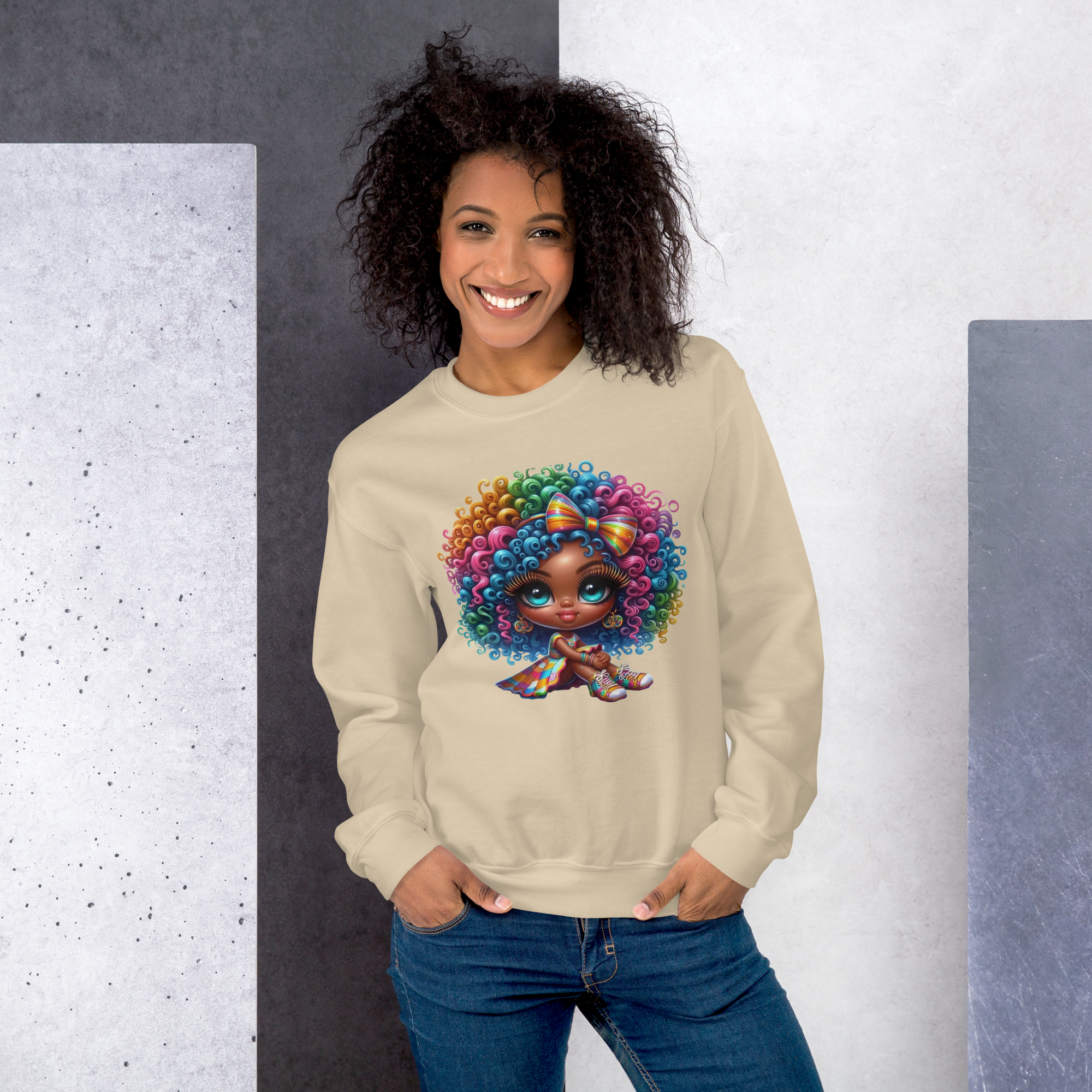 Rainbow Curls Doll Women's Sweatshirt - Pre-Shrunk Classic Fit with Ribbed Collar Physical Sweatshirt Style-Junction