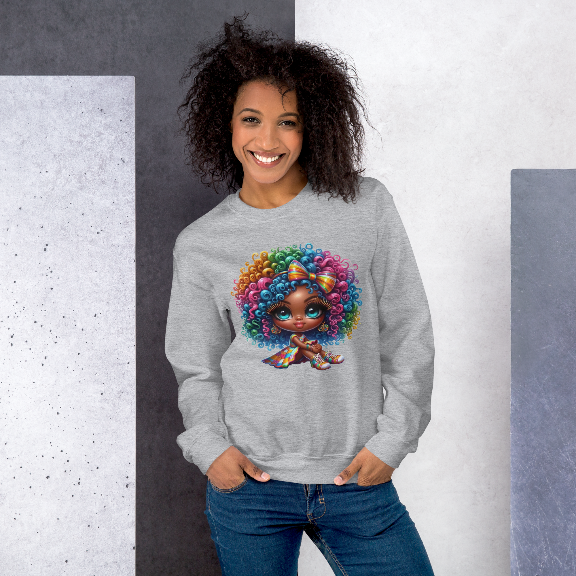 Rainbow Curls Doll Women's Sweatshirt - Pre-Shrunk Classic Fit with Ribbed Collar Physical Sweatshirt Style-Junction