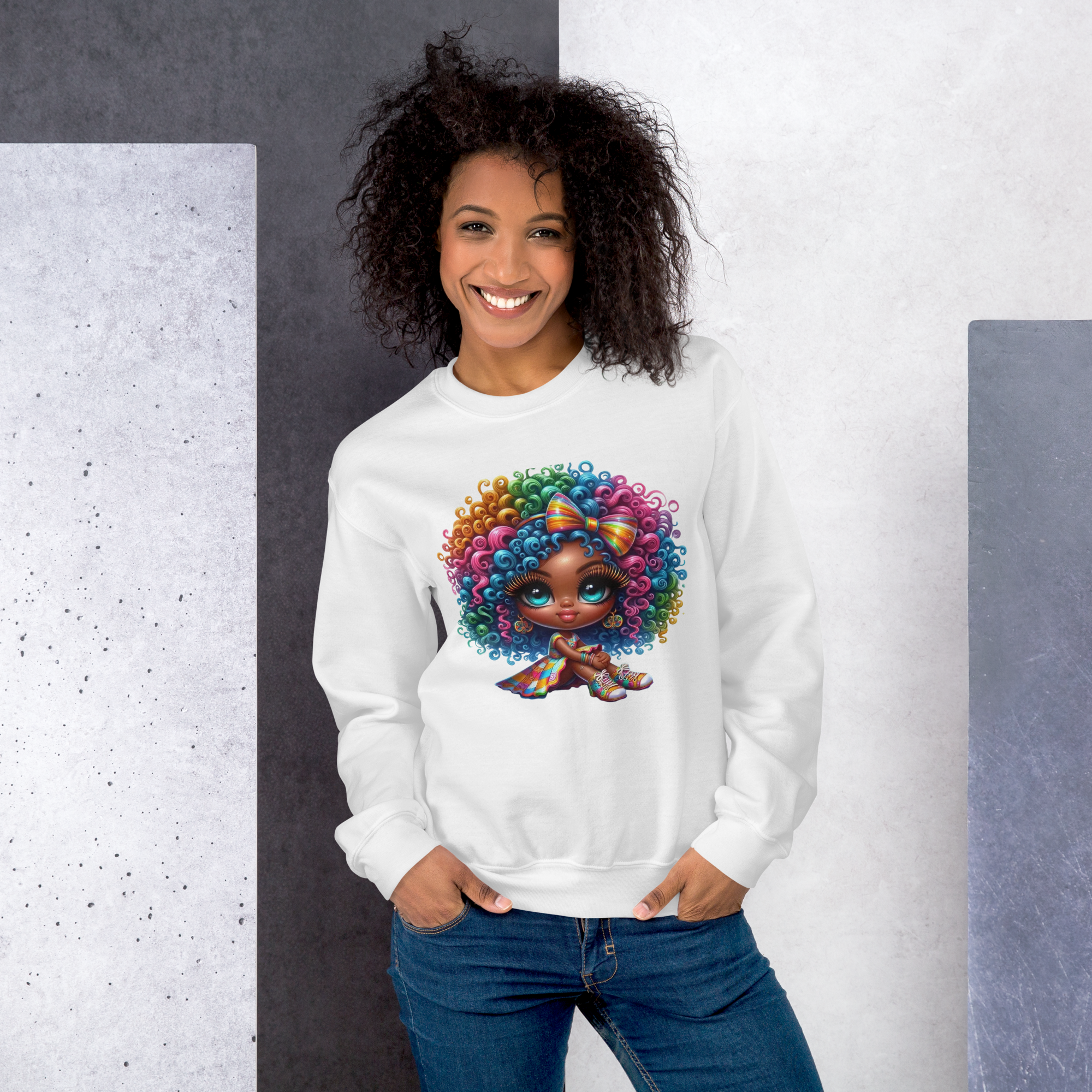 Rainbow Curls Doll Women's Sweatshirt - Pre-Shrunk Classic Fit with Ribbed Collar Physical Sweatshirt Style-Junction