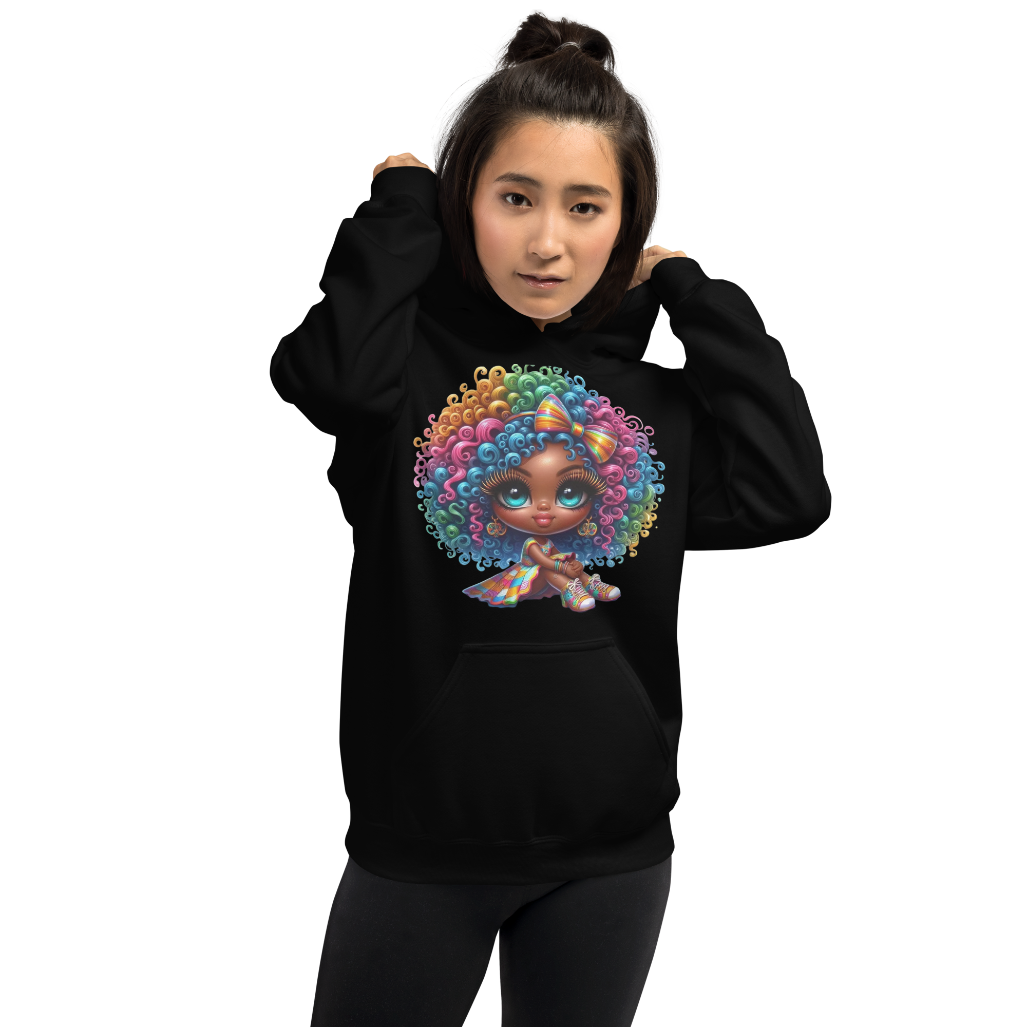 Rainbow Curls Doll Women's Hoodie - Front Pouch Pocket and Double-Needle Stitching for Durability Physical Hoodie Style-Junction Black S