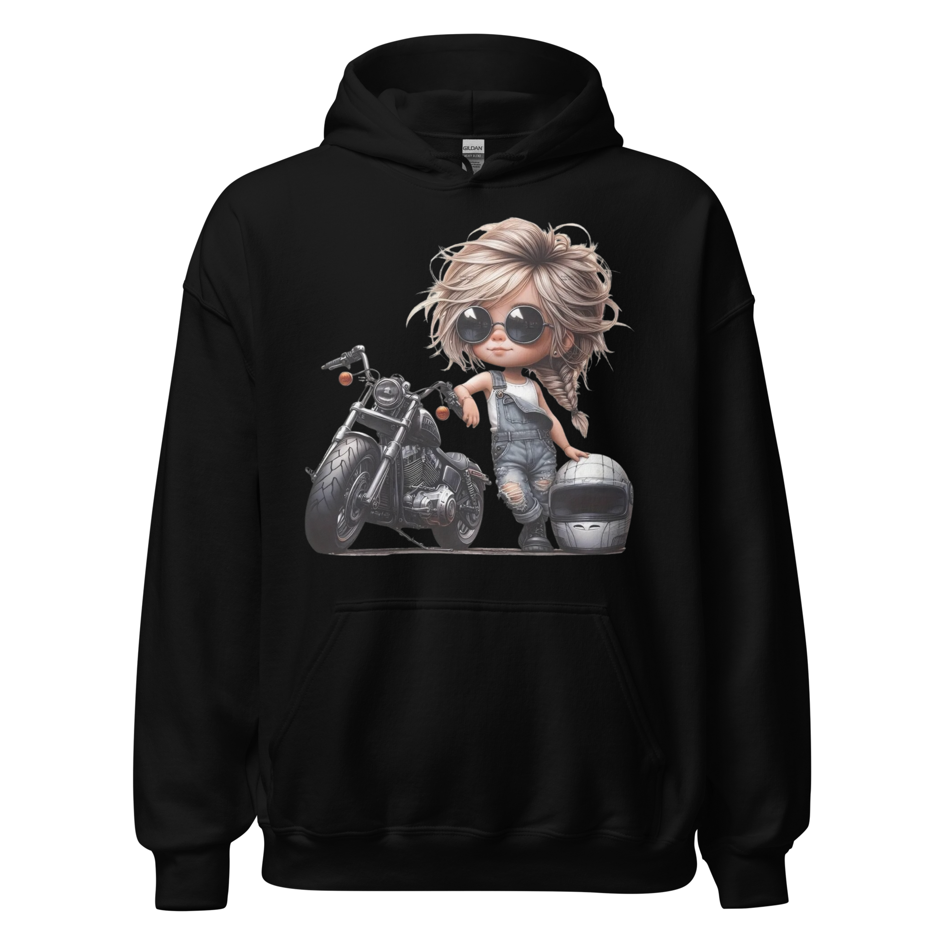 Biker Girl Hoodie – Cute Chibi Motorcycle Sweatshirt – Trendy Biker Chick Fashion – Cozy Streetwear for Women – Motorcycle Gift Physical Hoodie Style-Junction Custom Designs & Prints Black S