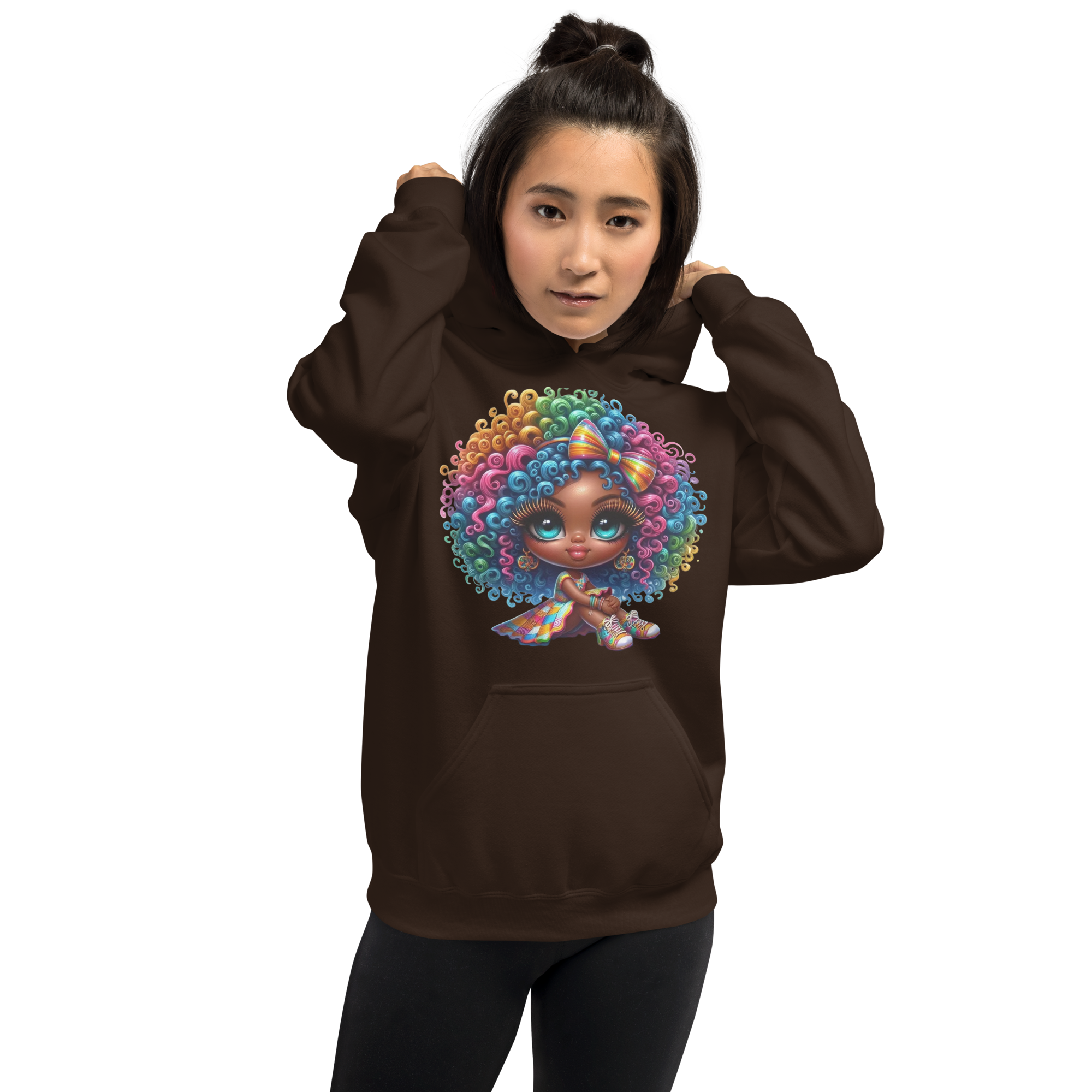 Rainbow Curls Doll Women's Hoodie - Front Pouch Pocket and Double-Needle Stitching for Durability Physical Hoodie Style-Junction Dark Chocolate S