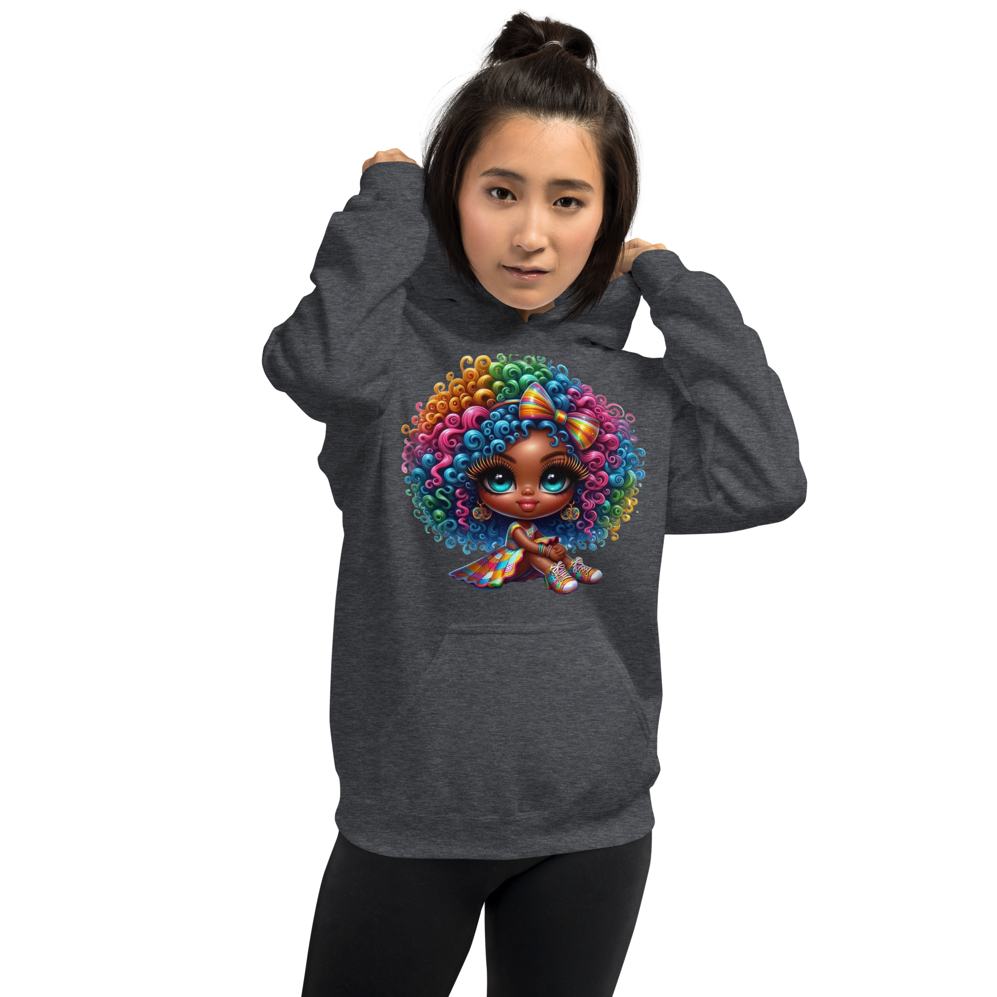 Rainbow Curls Doll Women's Hoodie - Front Pouch Pocket and Double-Needle Stitching for Durability Physical Hoodie Style-Junction Dark Heather S