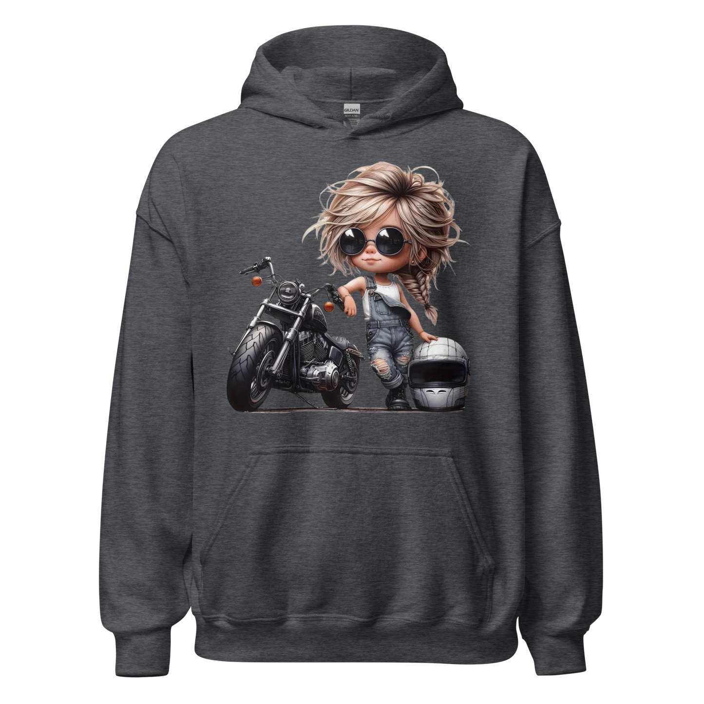 Biker Girl Hoodie – Cute Chibi Motorcycle Sweatshirt – Trendy Biker Chick Fashion – Cozy Streetwear for Women – Motorcycle Gift Physical Hoodie Style-Junction Custom Designs & Prints Dark Heather S