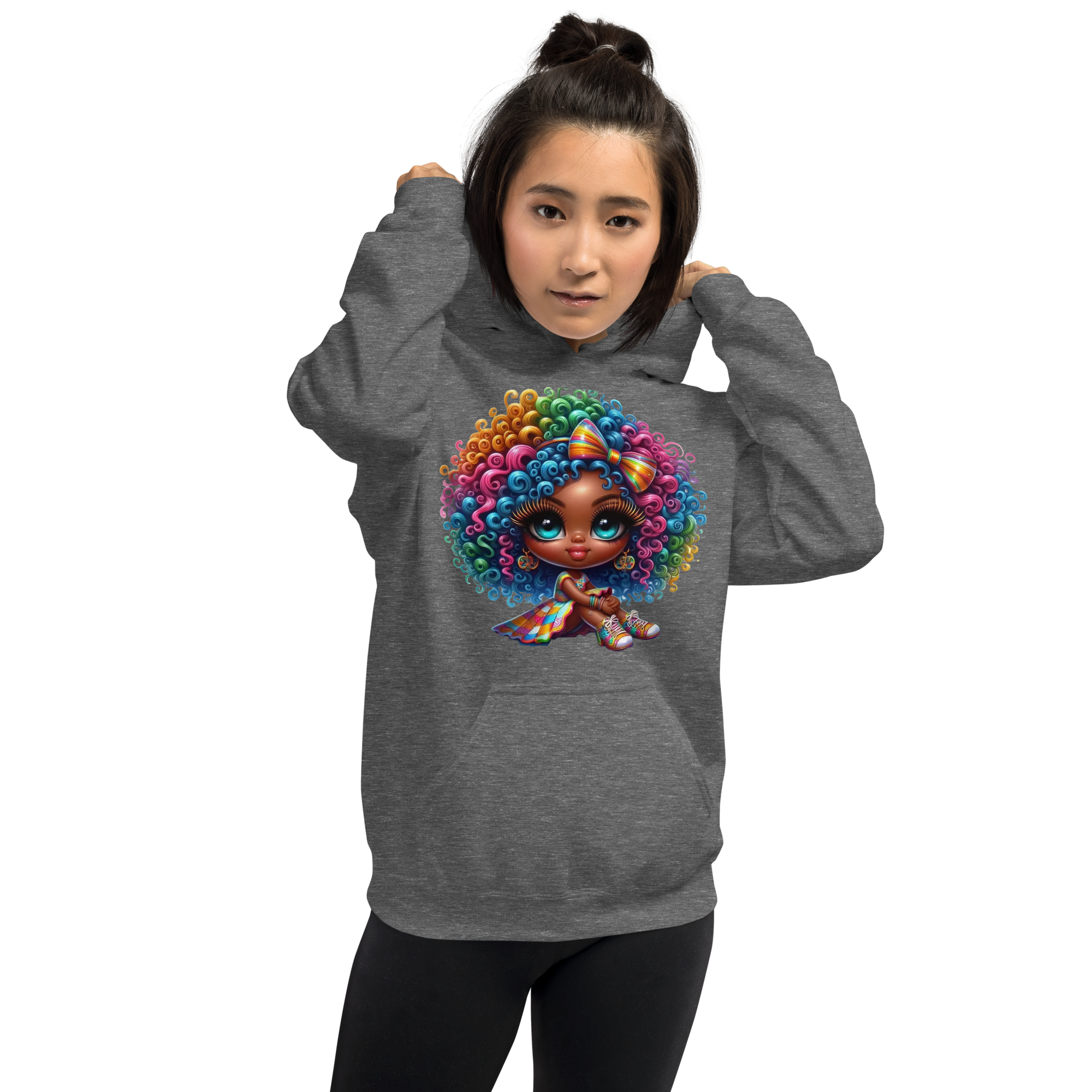 Rainbow Curls Doll Women's Hoodie - Front Pouch Pocket and Double-Needle Stitching for Durability Physical Hoodie Style-Junction Graphite Heather S