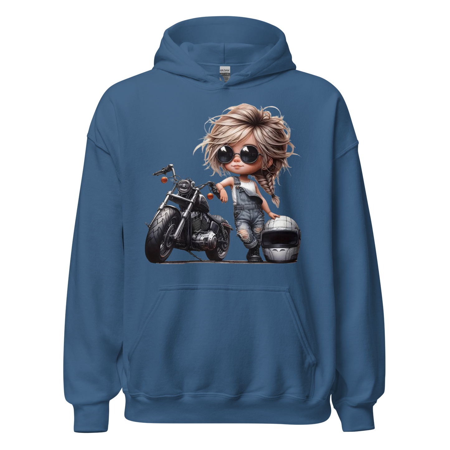 Biker Girl Hoodie – Cute Chibi Motorcycle Sweatshirt – Trendy Biker Chick Fashion – Cozy Streetwear for Women – Motorcycle Gift Physical Hoodie Style-Junction Custom Designs & Prints Indigo Blue S