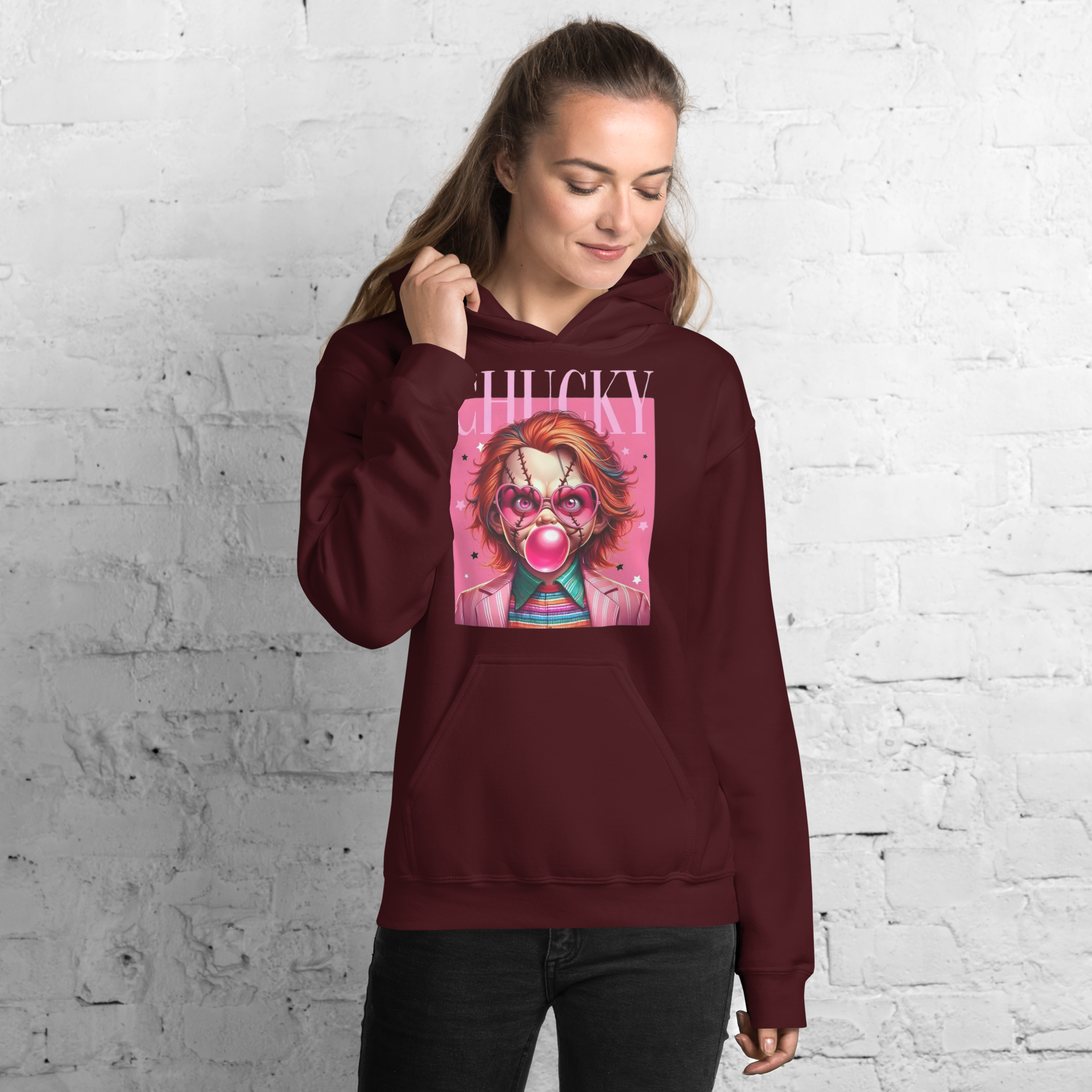 Pink Chucky Womens Custom Hoodie Physical Hoodie Style-Junction Maroon S 