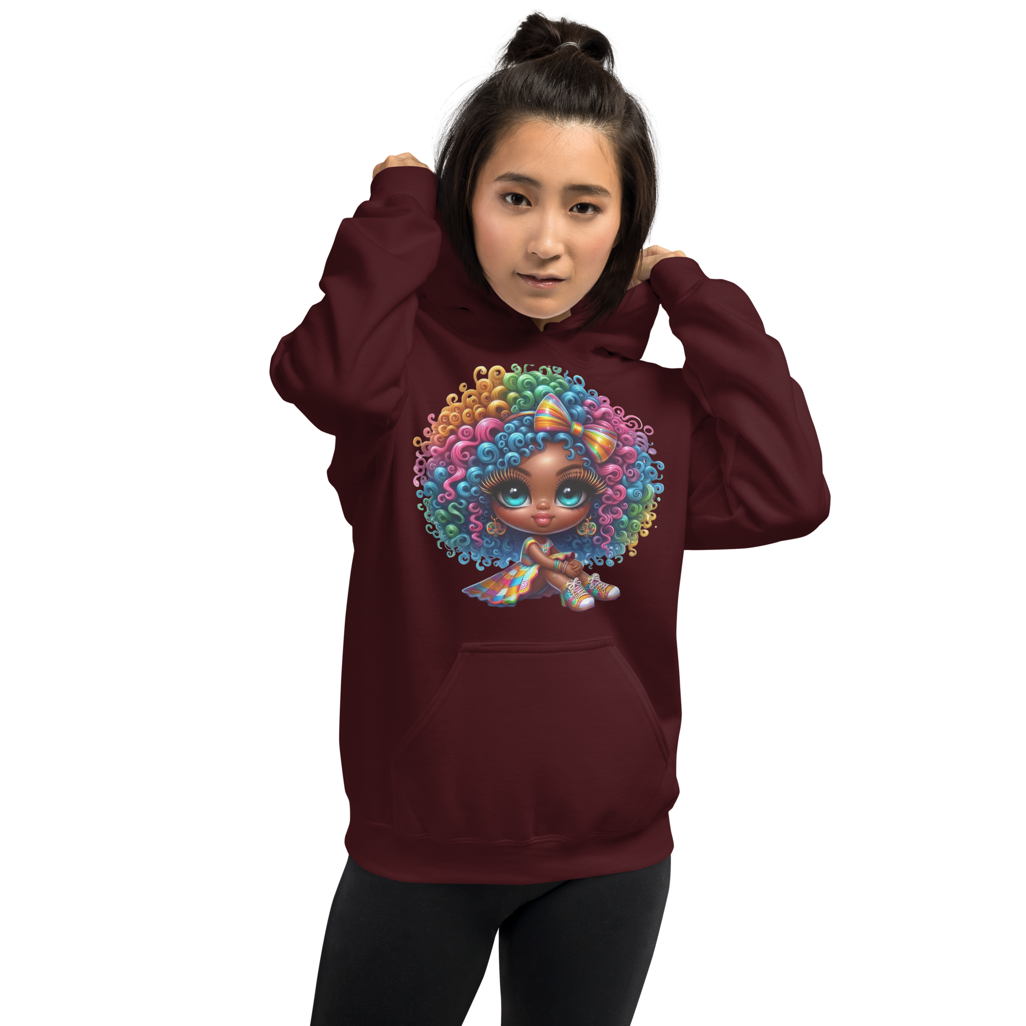 Rainbow Curls Doll Women's Hoodie - Front Pouch Pocket and Double-Needle Stitching for Durability Physical Hoodie Style-Junction Maroon S