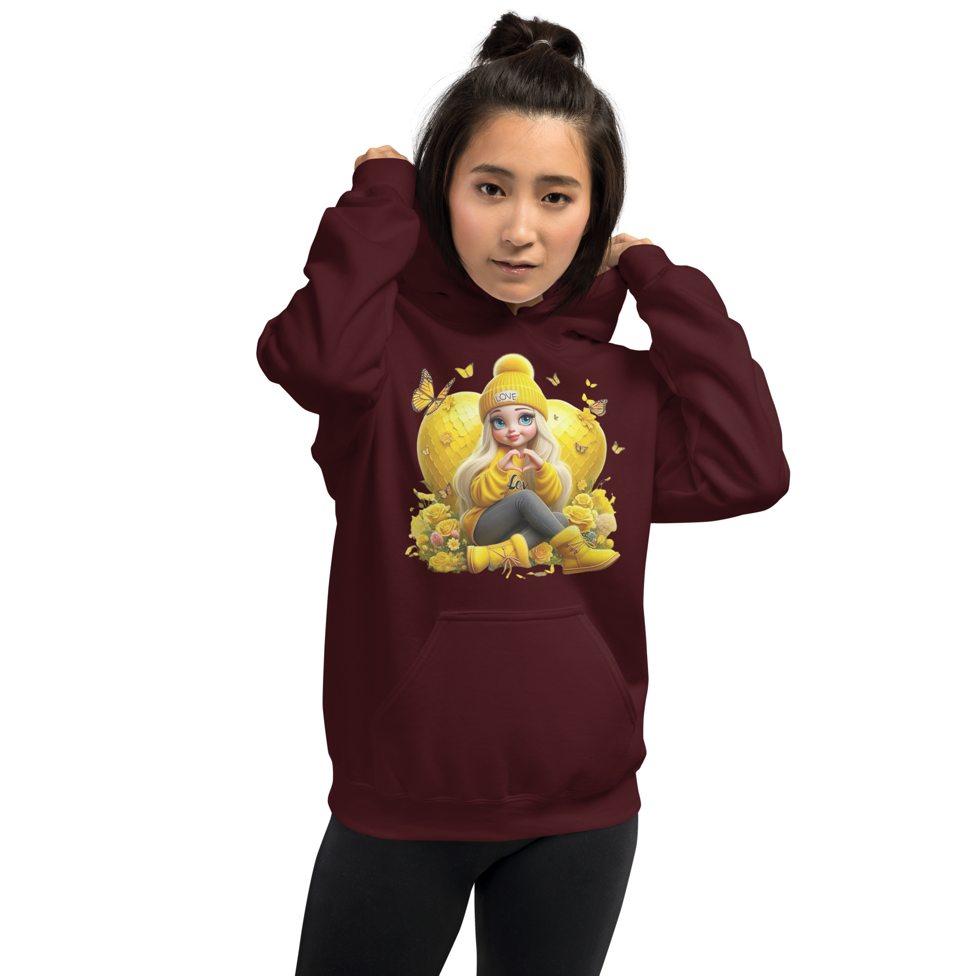 Golden Love Blossom Women's Hoodie - Comfortable & Trendy for Cooler Evenings Physical Hoodie Style-Junction Maroon S