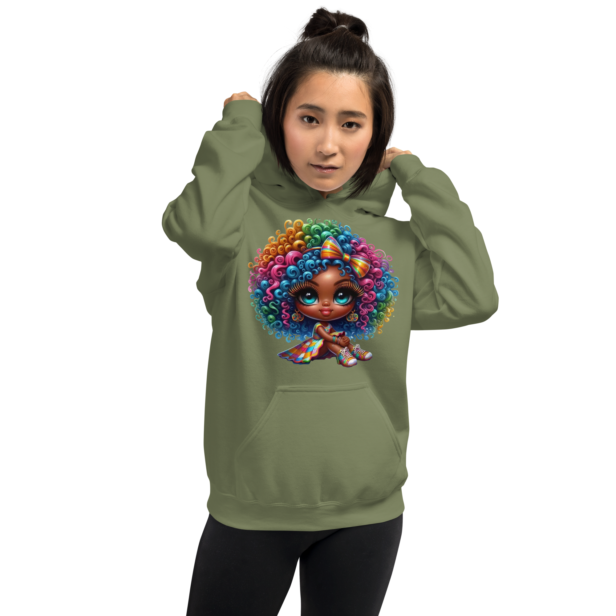 Rainbow Curls Doll Women's Hoodie - Front Pouch Pocket and Double-Needle Stitching for Durability Physical Hoodie Style-Junction