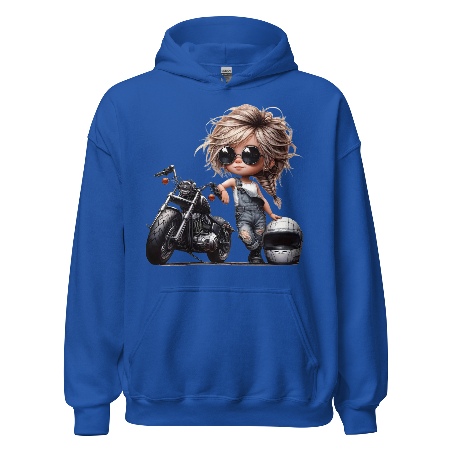 Biker Girl Hoodie – Cute Chibi Motorcycle Sweatshirt – Trendy Biker Chick Fashion – Cozy Streetwear for Women – Motorcycle Gift Physical Hoodie Style-Junction Custom Designs & Prints Royal S