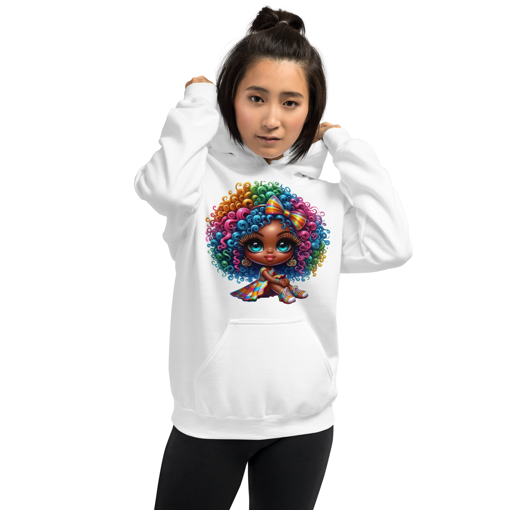 Rainbow Curls Doll Women's Hoodie - Front Pouch Pocket and Double-Needle Stitching for Durability Physical Hoodie Style-Junction